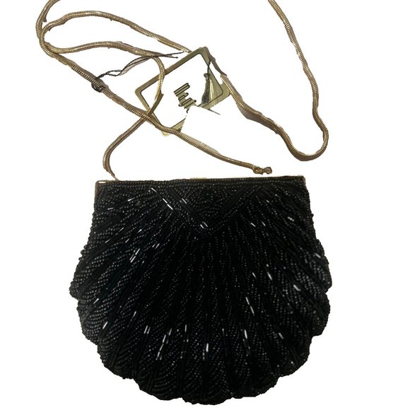 ❌❌SOLD❌❌MAGID Black Beaded Elegant Evening Bag Purse with gold chain - Picture 3 of 4